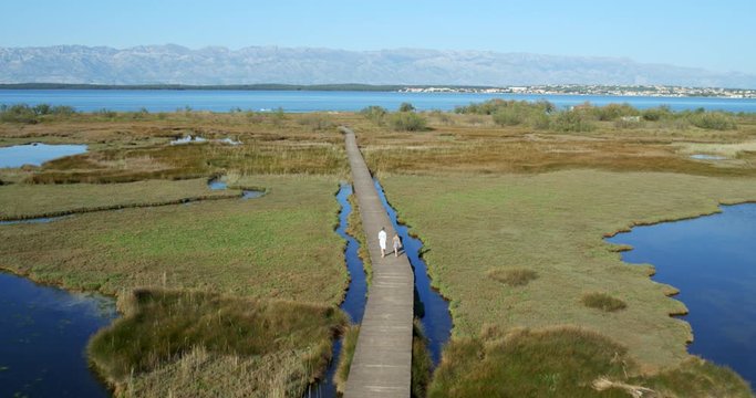 Walkway over the glasswort salt marsh in Nin, Croatia