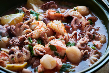 seafood, shrimp, octopus, scallops