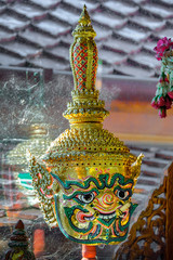Fototapeta premium Khon mask. A mask worn over a pantomime’s head during a Thai traditional dance drama. Each mask represents a character such as monstrous beasts, devils, heroes, heroes, ogres, monkeys, etc.