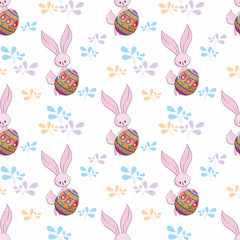 Easter seamless pattern with cute bunnies and colored eggs. Colorful vector background.