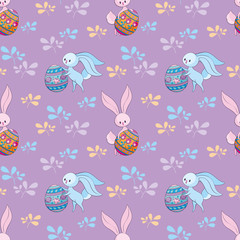 Easter seamless pattern with cute bunnies and colored eggs. Colorful vector background.