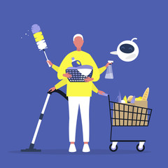 Robotic assistant helping a male character with daily routine tasks, domestic chores