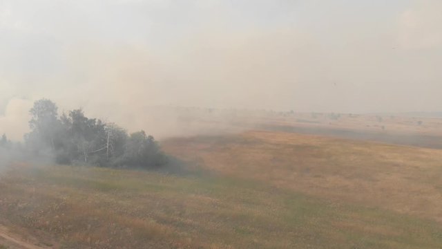 Forest fire smoke spreading. Smog above fields and forests. Intense air pollution. Smoke billows from a forest wildfire. Heat wave, drought, global warming, loss of timber.