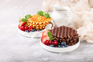 Wafers with berries. Selective focus. Copy space