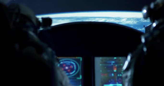 Spaceship with astronauts orbiting around planet
