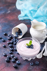 Yogurt with bilberry. Selective focus.