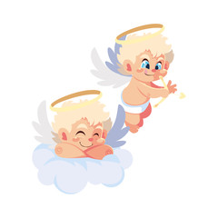 cute cupid angels in different poses on white background