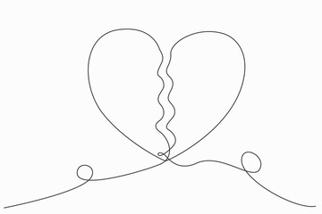 Continuous line or one line art of Broken heart. Sadness. Feeling sorry for broken love. Vector illustration.