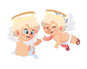 cute cupid angels in different poses on white background