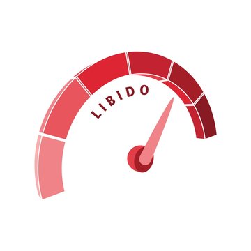 Scale with arrow. The libido level measuring device icon. Sign tachometer, speedometer, indicators. Infographic gauge element.