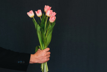 hands of a man giving a bouquet of pink tulips