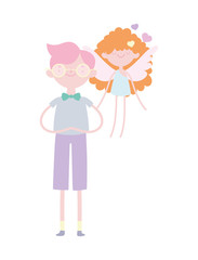 happy valentines day, young man and little cupid wings hearts love