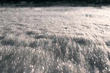 unusual snow cover of white color consisting of fluffy snow and crystallized ice on top, ice land cover in winter