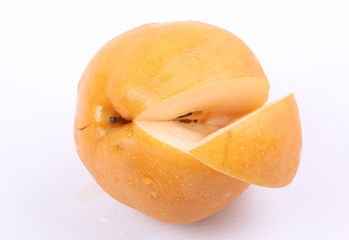 Slice fresh pear on a white background