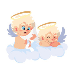 cute cupid angels in different poses on white background