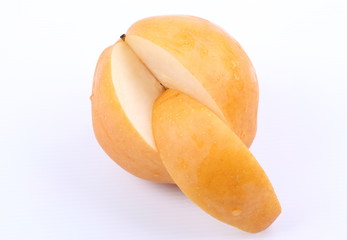 Slice fresh pear on a white background