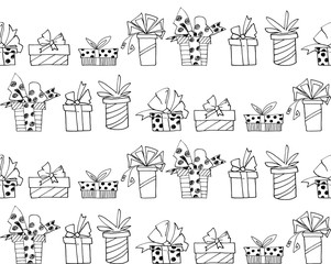 Seamless pattern with gift boxes bows and ribbons. Cute hand drawn doodles. Concept for wrapping paper, greeting cards, xmas, packaging, wedding, birthday, fabric, valentine's Day, mother's Day