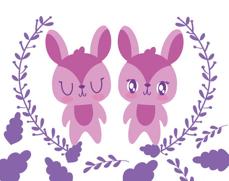 Cute rabbits cartoons and leaves wreath vector design