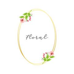 Golden oval frames with elegant watercolour flowers. Vector image