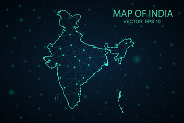 Map of India. Wire frame 3D mesh polygonal network line, design sphere, dot and structure. communications map of India. Vector Illustration EPS10.