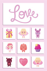 Love and happy valentines day icon set vector design