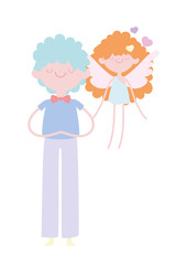 happy valentines day, young man and little flying cupid hearts love