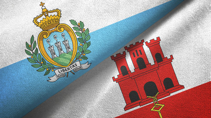 San Marino and Gibraltar two flags textile cloth, fabric texture