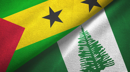 Sao Tome and Principe and Norfolk Island two flags textile cloth, fabric texture
