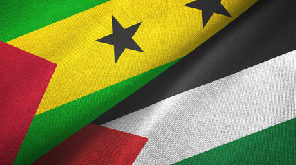 Sao Tome and Principe and Palestine two flags textile cloth, fabric texture