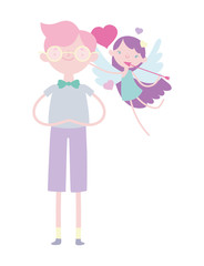 happy valentines day, cute young man with little cupid with arrow and hearts