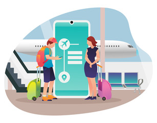 Illustration of a couple who will go on vacation using a plane. Template landing page website of vacation also can use for mobile app