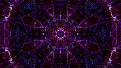 kaleidoscope patterns of purple round luminous particles. abstract background. 3d render illustration