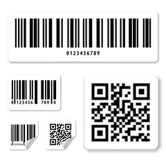 Barcode and QR code scan on white sticker background.