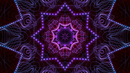 kaleidoscope patterns of purple round luminous particles. abstract background. 3d render illustration
