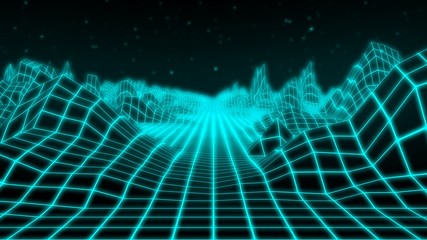 Fly through Retro 80s Landscape Low Poly Neon Mountains and Stars - Abstract Background Texture