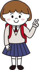 ランドセルを背負うボブカットでピースをする女の子