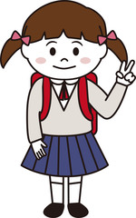 ランドセルを背負ってピースするツインテールの女の子