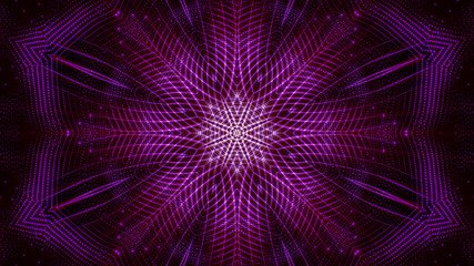 kaleidoscope patterns of purple round luminous particles. abstract background. 3d render illustration