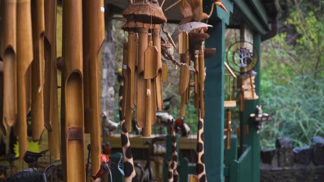 Hand made bamboo wind chimes on sale in a traditional store in cheddar Somerset.