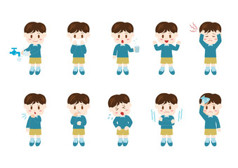 男の子の体調不良と健康管理のイラストセット