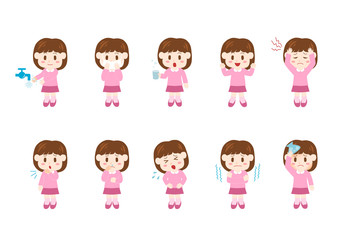 女の子の体調不良と健康管理のイラストセット