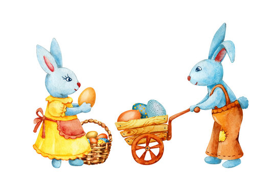 Cartoon cute bunnies, a girl and a boy, are preparing for Easter, lay painted Easter eggs on a trolley. Hand watercolor illustration isolated on white background. Design for holiday products, banner.