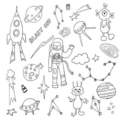 Obraz premium Space, cosmos flat hand drawn seamless pattern. Galaxy exploration cartoon illustration. Stars, rockets, planets, comets, aliens. Childish wallpaper, textile, texture design