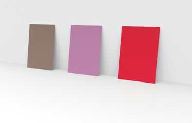 three flyers with reflections leaning against a wall. 3d illustration