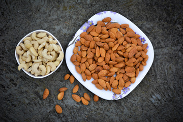 Healthy cashews and almonds, top view