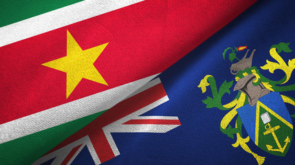 Suriname and Pitcairn Islands two flags textile cloth, fabric texture