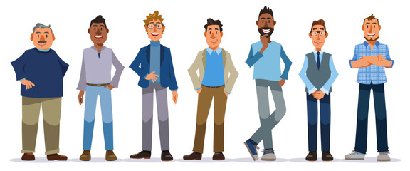 Set of diverse people on white background.Smiling men, different nationalities.Vector illustration in flat cartoon style.