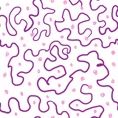 Abstract simple seamless pattern, tangled purple curved lines, pink scribbles on a white background.