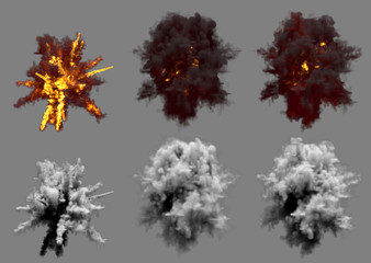 many round explosions of anti air gun shell hit or view from above on bang or rocket interception blast isolated on grey - 3D illustration of objects