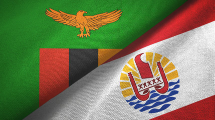 Zambia and French Polynesia two flags textile cloth, fabric texture